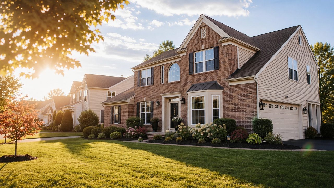 Two-story brick home with a manicured front lawn in warm late-afternoon light